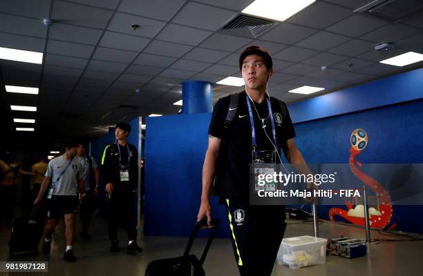 Youngsun Yun of Korea Republic arrives at the stadium prior to the 2018 FIFA World Cup Russia group F match between Korea Republic and Mexico at...