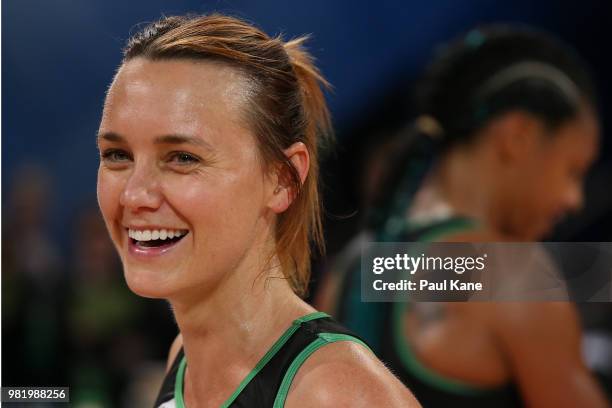 Natalie Medhurst of the Fever looks on after winning the round eight Super Netball match between the Fever and the Thunderbirds at Perth Arena on...