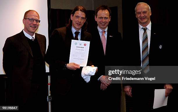 Christian Ziege receives his DFB Football Trainer Certificate from Matthias Sammer , Wolfgang Fischer , Hans-Georg Moldenhauer at the Inter Conti...