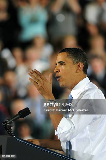 President Barack Obama speaks at the Portland Expo Center April 1, 2010 in Portland, Maine. President Obama spoke to Mainers on the passing of the...