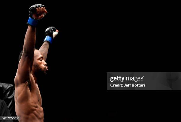 Leon Edwards of Jamaica prepares to fight Donald Cerrone in their welterweight bout during the UFC Fight Night event at the Singapore Indoor Stadium...