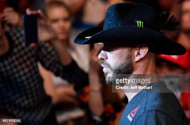 Donald Cerrone prepares to fight Leon Edwards of Jamaica in their welterweight bout during the UFC Fight Night event at the Singapore Indoor Stadium...