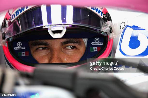 Sergio Perez of Mexico and Force India looks on in the garage during final practice for the Formula One Grand Prix of France at Circuit Paul Ricard...