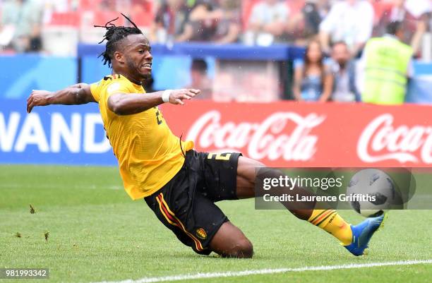 Michy Batshuayi of Belgium scores his team's fifth goal during the 2018 FIFA World Cup Russia group G match between Belgium and Tunisia at Spartak...