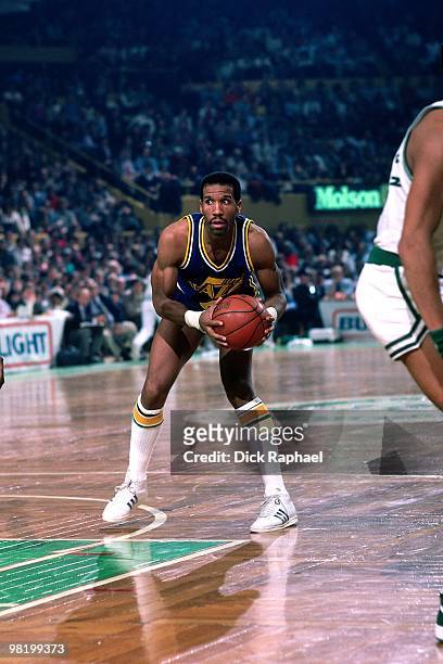 Adrian Dantley of the Utah Jazz looks to make a play against the Boston Celtics during a game played in 1985 at the Boston Garden in Boston,...