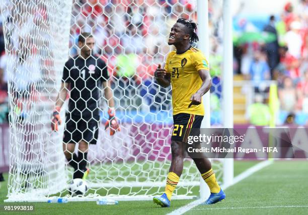 Michy Batshuayi of Belgium celebrates after scoring his team's fifth goal during the 2018 FIFA World Cup Russia group G match between Belgium and...