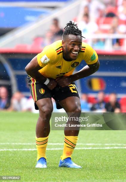 Michy Batshuayi of Belgium celebrates after scoring his team's fifth goal during the 2018 FIFA World Cup Russia group G match between Belgium and...