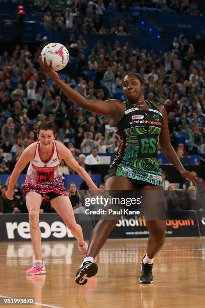 Jhaniele Fowler of the Fever catches a pass during the round eight Super Netball match between the Fever and the Thunderbirds at Perth Arena on June...