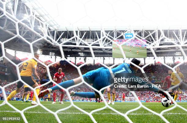 Wahbi Khazri of Tunisia scores his team's second goal past Thibaut Courtois of Belgium during the 2018 FIFA World Cup Russia group G match between...
