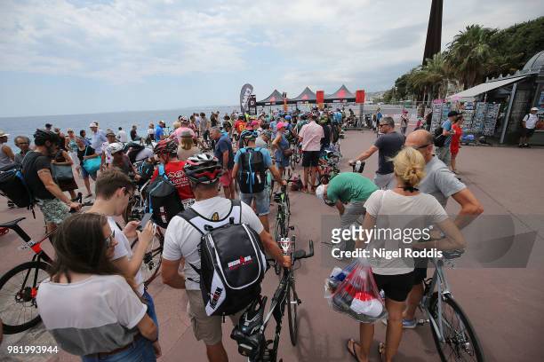 Athletes queue to rack their bikes ahead of Ironman Nice on June 23, 2018 in Nice, France.