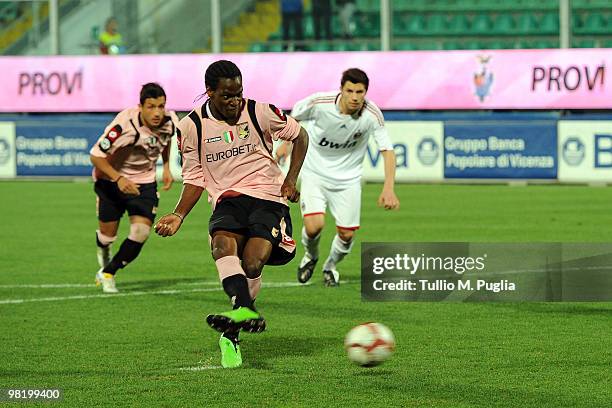 Jerry Uche Mbakogu of Palermo misses a penalty during the Juvenile Tim Cup Final, First Leg match between Palermo and Milan at Stadio Renzo Barbera...