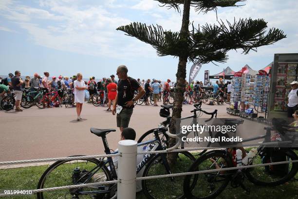 Athletes queue to rack their bikes ahead of Ironman Nice on June 23, 2018 in Nice, France.