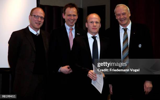 Jens Rasiejewski receives his DFB Football Trainer Certificate from Matthias Sammer , Wolfgang Fischer Hans-Georg Moldenhauer at the Inter Conti...