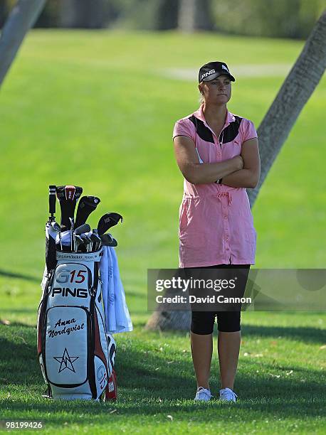 Anna Nordqvist of Sweden plays her second shot at the 16th hole during the first round of the 2010 Kraft Nabisco Championship, on the Dinah Shore...