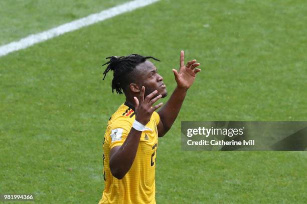 Michy Batshuayi of Belgium celebrates after scoring his team's fifth goal during the 2018 FIFA World Cup Russia group G match between Belgium and...