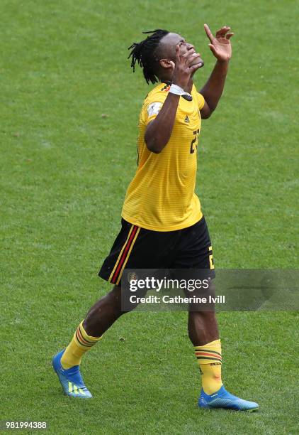 Michy Batshuayi of Belgium celebrates after scoring his team's fifth goal during the 2018 FIFA World Cup Russia group G match between Belgium and...