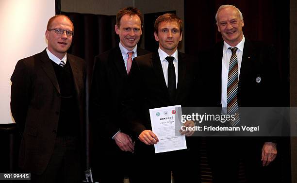 Oliver Schaefer receives his DFB Football Trainer Certificate from Matthias Sammer , Wolfgang Fischer Hans-Georg Moldenhauer at the Inter Conti hotel...