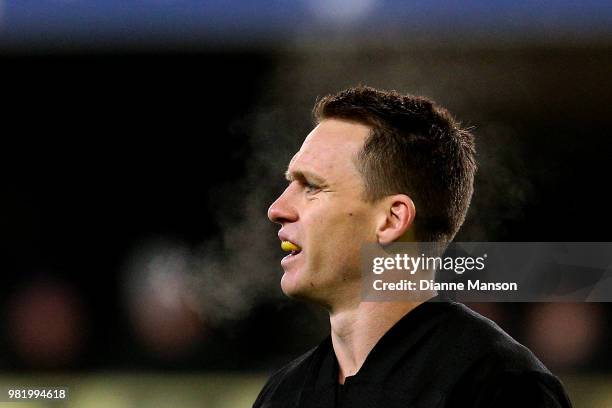 Ben Smith of the All Blacks looks on during the International Test match between the New Zealand All Blacks and France at Forsyth Barr Stadium on...