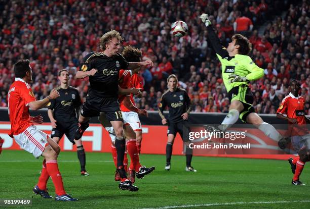Julio Cesar of Benfica saves a headed attempt from Dirk Kuyt of Liverpool during the UEFA Europa League quarter final first leg match between Benfica...