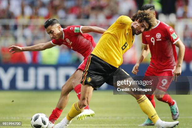 Saifeddine Khaoui of Tunisia, Marouane Fellaini of Belgium, Anice Badri of Tunisia during the 2018 FIFA World Cup Russia group G match between...