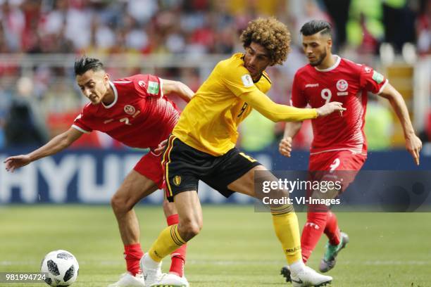 Saifeddine Khaoui of Tunisia, Marouane Fellaini of Belgium, Anice Badri of Tunisia during the 2018 FIFA World Cup Russia group G match between...