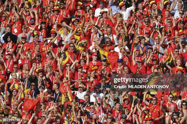 Belgium supporters cheer during the Russia 2018 World Cup Group G football match between Belgium and Tunisia at the Spartak Stadium in Moscow on June...