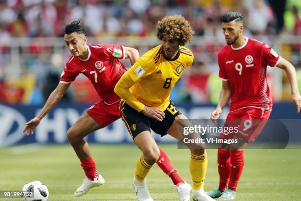 Saifeddine Khaoui of Tunisia, Marouane Fellaini of Belgium, Anice Badri of Tunisia during the 2018 FIFA World Cup Russia group G match between...