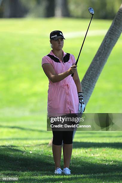 Anna Nordqvist of Sweden plays her second shot at the 16th hole during the first round of the 2010 Kraft Nabisco Championship, on the Dinah Shore...