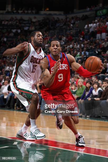 Andre Iguodala of the Philadelphia 76ers drives to the basket against John Salmons of the Milwaukee Bucks during the game on March 24, 2010 at the...