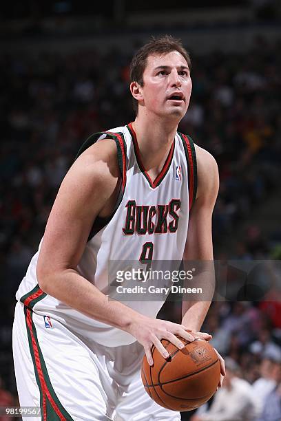 Primoz Brezec of the Milwaukee Bucks shoots a free throw against the Philadelphia 76ers during the game on March 24, 2010 at the Bradley Center in...