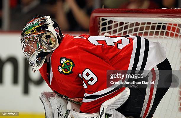 Christobal Huet of the Chicago Blackhawks waits in goal against the Detroit Red Wings at the United Center on March 7, 2010 in Chicago, Illinois. The...