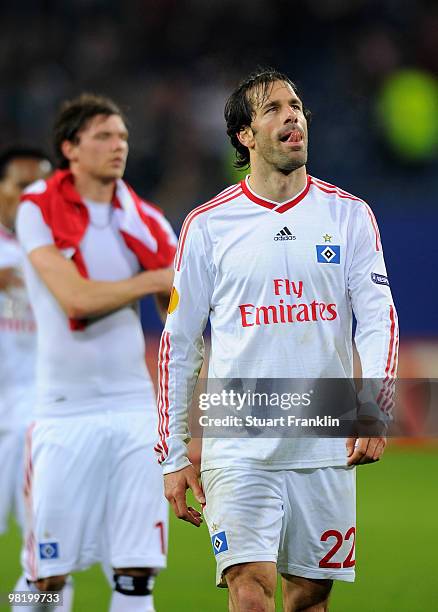 Ruud van Nistelrooy of Hamburg ponders at the end of the UEFA Europa League quarter final, first leg match between Hamburger SV and Standard Liege at...