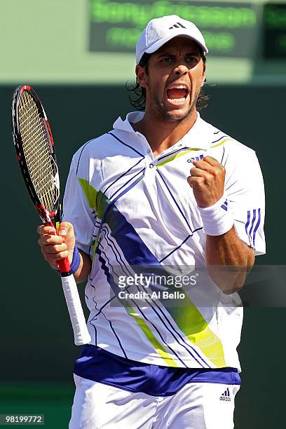 Fernando Verdasco of Spain reacts after a point against Tomas Berdych of the Czech Republic during day ten of the 2010 Sony Ericsson Open at Crandon...