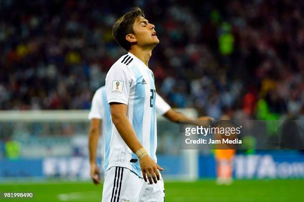 Paulo Dybala of Argentina reacts during the 2018 FIFA World Cup Russia group D match between Argentina and Croatia at Nizhniy Novgorod Stadium on...