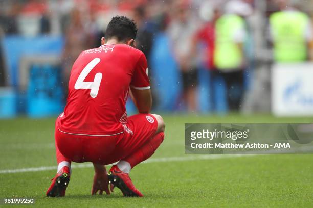 Yassine Meriah of Tunisia looks dejected at the end of the 2018 FIFA World Cup Russia group G match between Belgium and Tunisia at Spartak Stadium on...