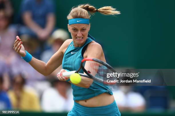 Petra Kvitova of the Czech Republic plays a forehand during her singles semi-final match against Mihaela Buzarnescu of Romania during day eight of...