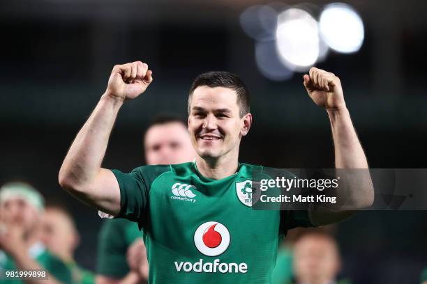 Johnny Sexton of Ireland celebrates victory at the end of the Third International Test match between the Australian Wallabies and Ireland at Allianz...