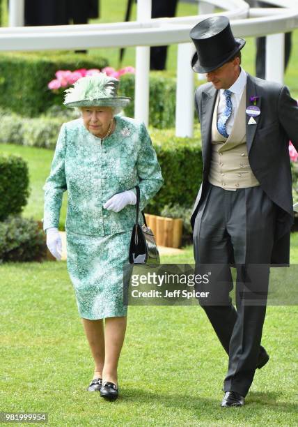 Queen Elizabeth II and John Warren attend day 5 of Royal Ascot at Ascot Racecourse on June 23, 2018 in Ascot, England.