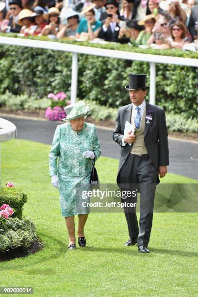 Queen Elizabeth II and John Warren attend day 5 of Royal Ascot at Ascot Racecourse on June 23, 2018 in Ascot, England.