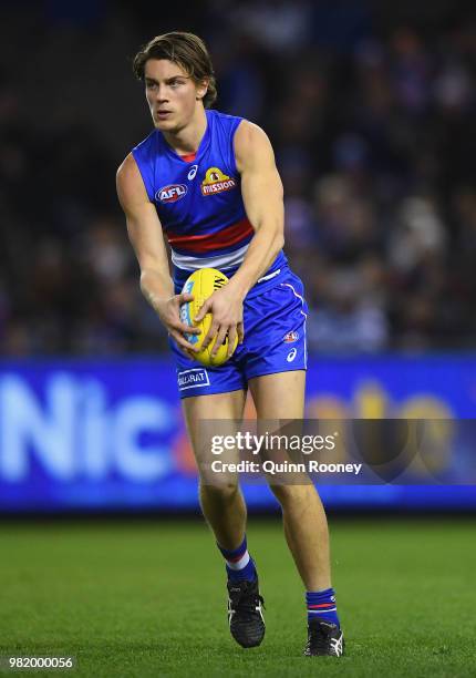 Patrick Lipinski of the Bulldogs kicks during the round 14 AFL match between the Western Bulldogs and the North Melbourne Kangaroos at Etihad Stadium...