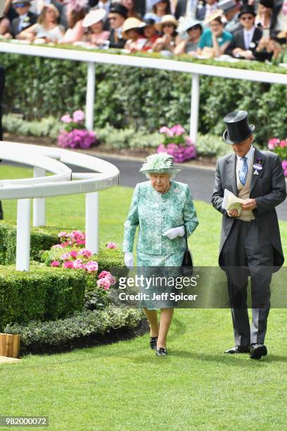Queen Elizabeth II and John Warren attend day 5 of Royal Ascot at Ascot Racecourse on June 23, 2018 in Ascot, England.