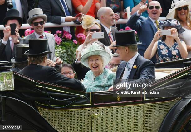 John Warren, Lord Valentine Cecil, Queen Elizabeth II and Prince Andrew, Duke of York arrive in the Royal procession on day 5 of Royal Ascot at Ascot...