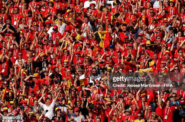 Belgium fans celebrate during the 2018 FIFA World Cup Russia group G match between Belgium and Tunisia at Spartak Stadium on June 23, 2018 in Moscow,...