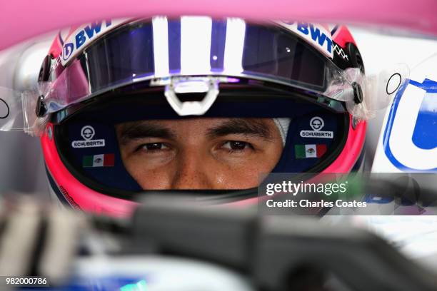 Sergio Perez of Mexico and Force India looks on in the garage during final practice for the Formula One Grand Prix of France at Circuit Paul Ricard...