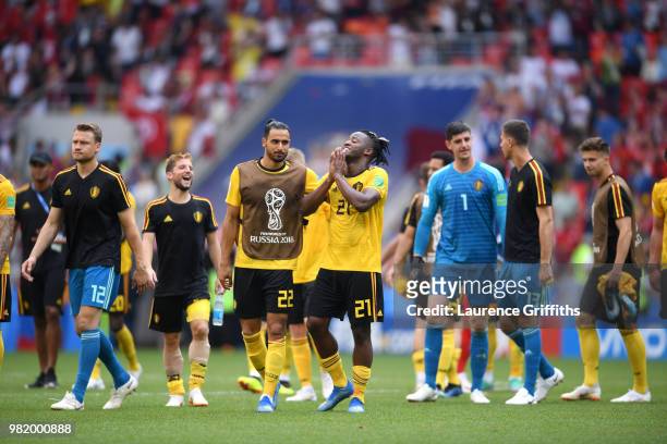 Michy Batshuayi of Belgium celebrates victory with teammates following the 2018 FIFA World Cup Russia group G match between Belgium and Tunisia at...