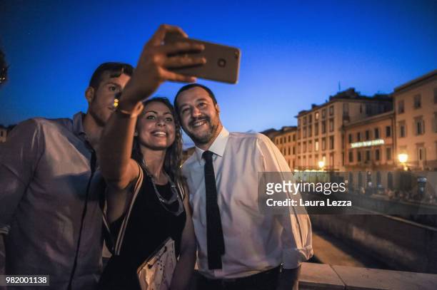 Italian Minister of the Interior and Leader of the Lega Nord Party Matteo Salvini takes a selfie photo during a campaign rally for the ballot on June...