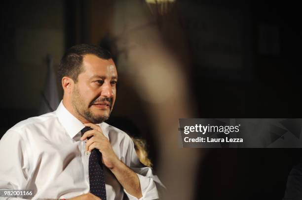 Italian Minister of the Interior and Leader of the Lega Nord Party Matteo Salvini holds a speech during a campaign rally for the ballot on June 22,...