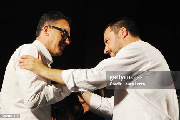 Italian Minister of the Interior and Leader of the Lega Nord Party Matteo Salvini greets candidate Michele Conti during a campaign rally for the...