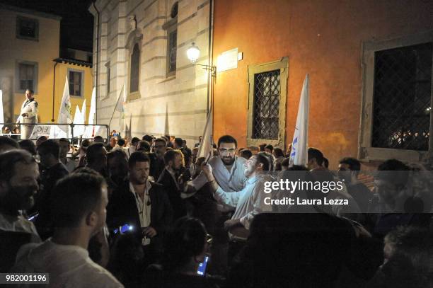 Italian Minister of the Interior and Leader of the Lega Nord Party Matteo Salvini takes a selfie photo during a campaign rally for the ballot on June...