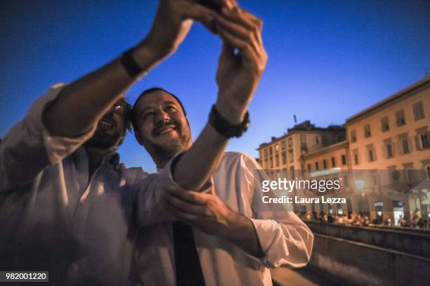 Italian Minister of the Interior and Leader of the Lega Nord Party Matteo Salvini takes a selfie photo during a campaign rally for the ballot on June...